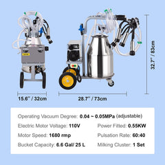 25L Electric Milking Machine I 5-8 Cows per Hour I 0.55KW 1680 RPM Milking Equipment For Cows and Goat
