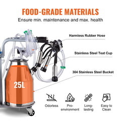 25L Electric Milking Machine I 5-8 Cows per Hour I 0.55KW 1680 RPM Milking Equipment For Cows and Goat